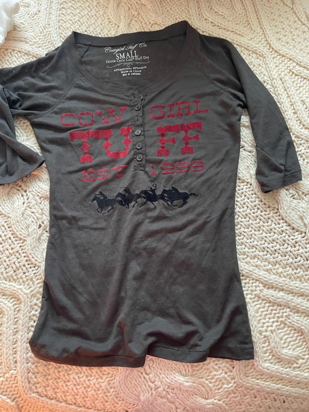 Cowgirl Tuff Black Henley with Red Graphic
